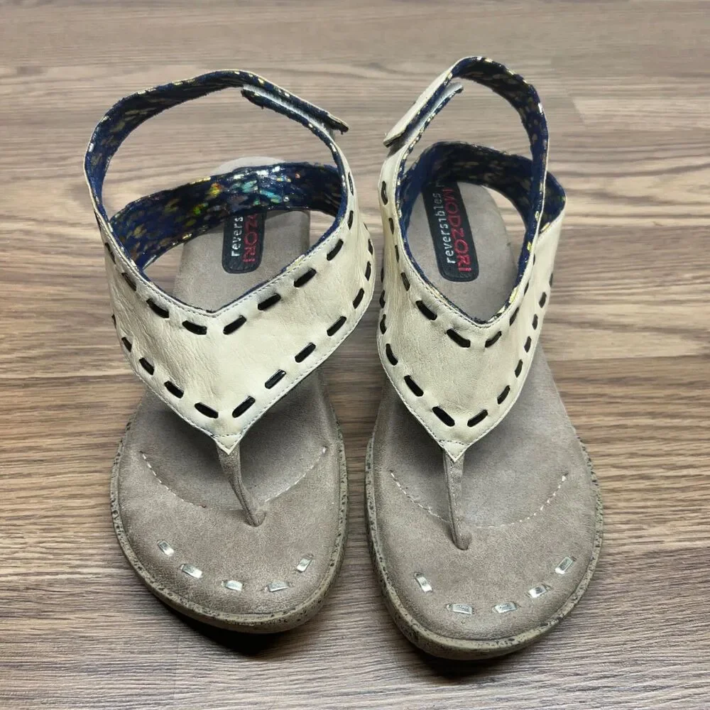 Modzori‎ Solid Beige & Blue Reversable blue Glitter Thong Wedge Sandals Womens 7